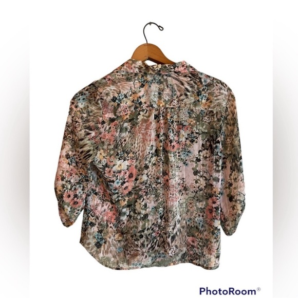 SARA MICHELLE FLORAL sheer women's med petite button top shimmery thread spring - Picture 6 of 13